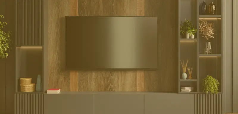 mobila moderna living, gri antracit, cu riflaje, cu tv-ul montat pe background